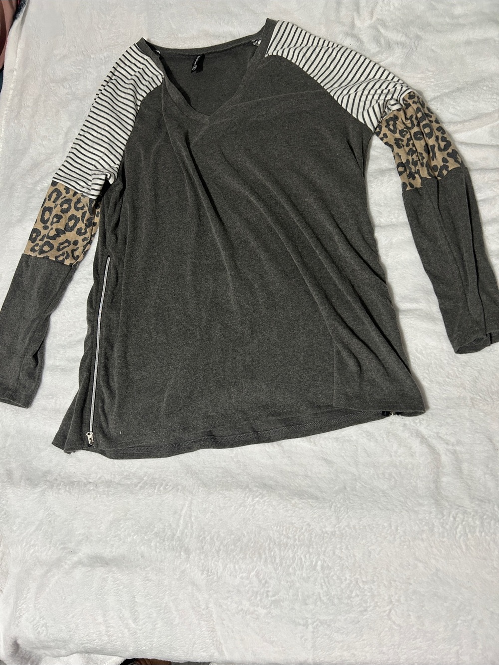 Charcoal V-Neck Top with Striped & Leopard Sleeve Accents